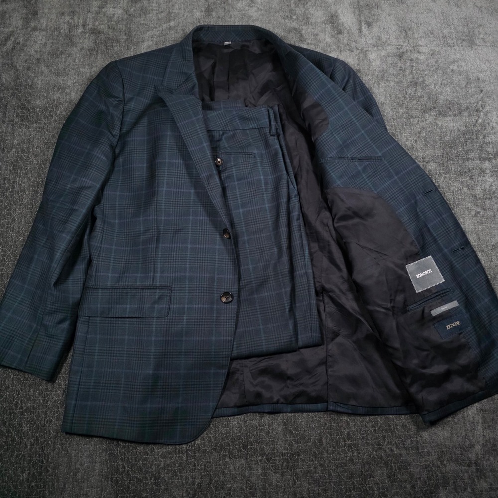 Bonobos Suit Mens 40R 36x28 Navy Plaid Zignone Italian Wool Slim Fit 2-Piece